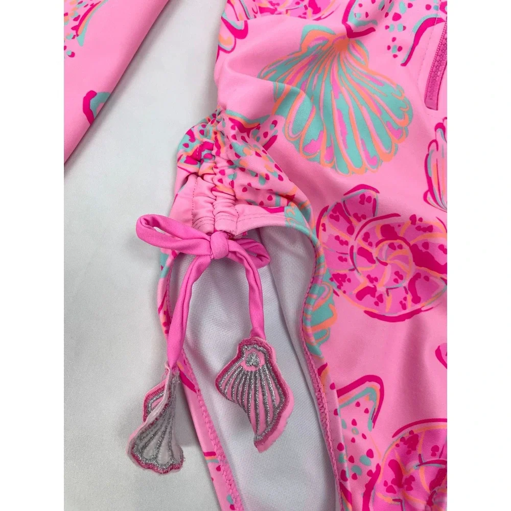 Betsey Johnson Girl Size 5 Pink One Piece Swimsuit Long Sleevess Seashells Zip
